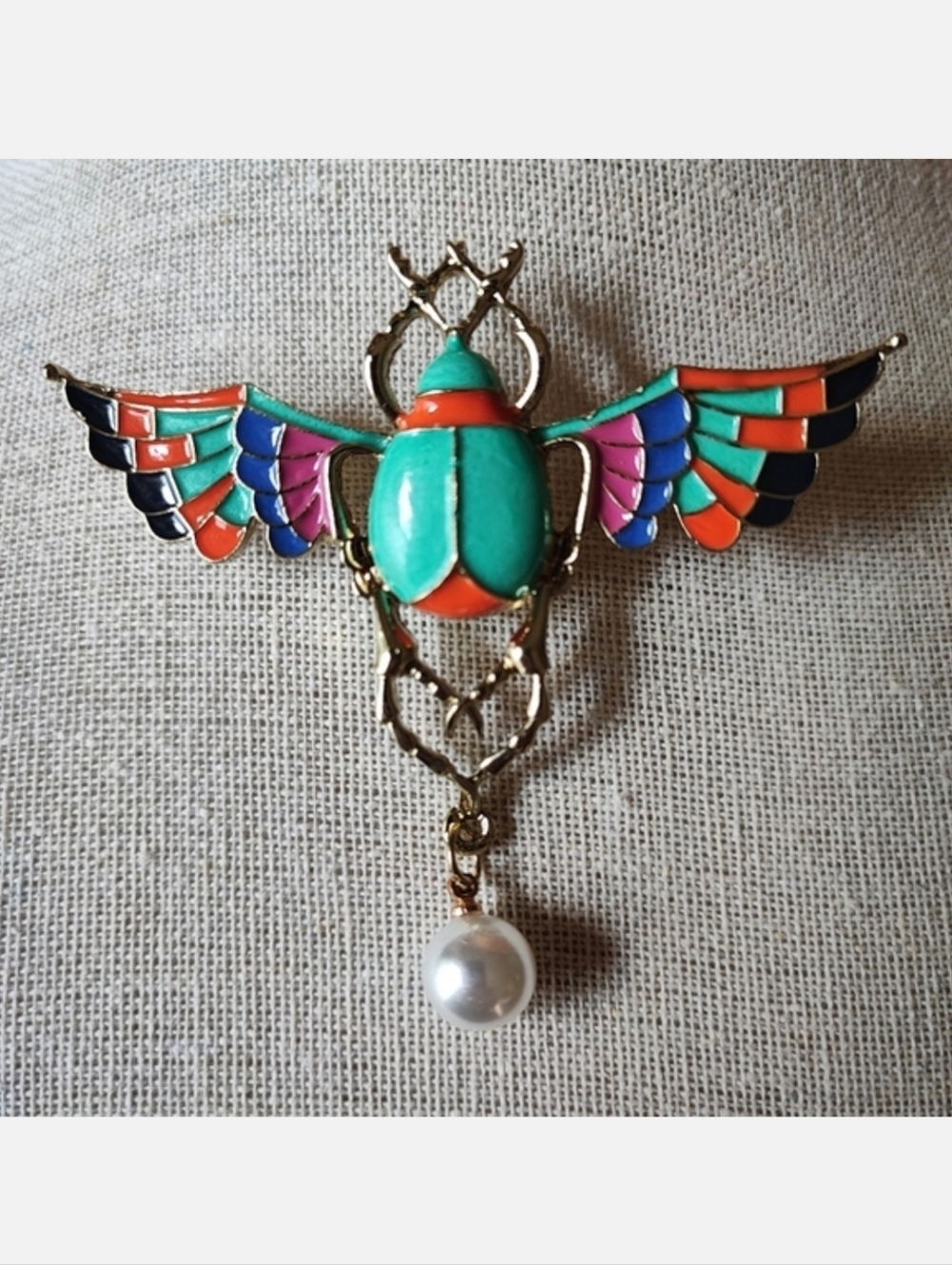 Winged Faux Pearl Enamel Scarab Brooch Signed S&M Pin Bug Insect Beetle NWOT